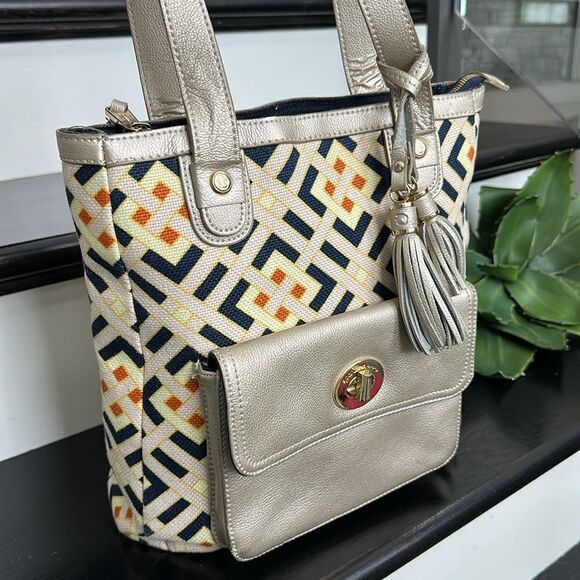 Spartina 449 genuine leather linen handbag tote shoulder purse, like new - Picture 2 of 11